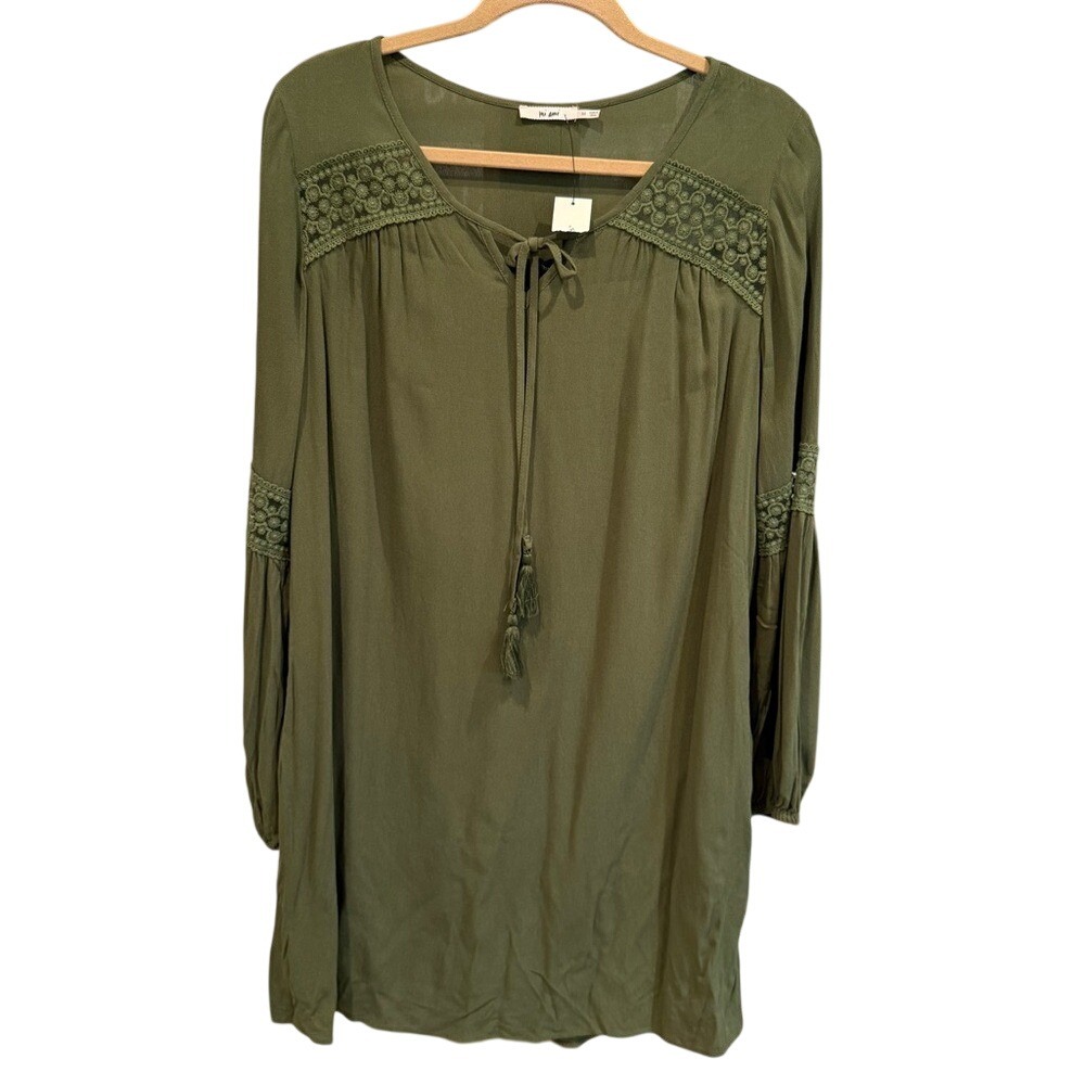 Mi‎ Ami Francescas Olive Tassels Boho Pockets Lace Lined Rayon Tunic Dress M NWT